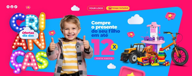 PSD feliz dia das crianças oferece modelo de banner em português para campanha de marketing
