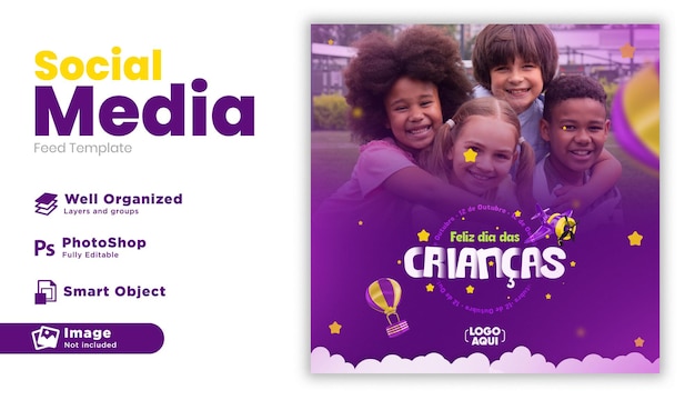 Feliz dia das crianças poste mídia social para campanha de marketing no brasil em português