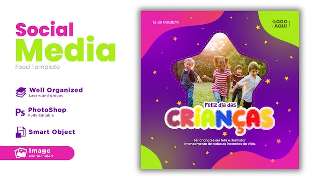 Feliz dia das crianças poste mídia social para campanha de marketing no brasil em português