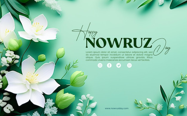 Feliz dia de nowruz com fundo floral de primavera verde.