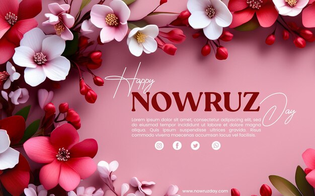 PSD feliz dia de nowruz com fundo floral rosa.