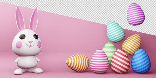 Feliz dia de páscoa com coelhinha fofa com ovo colorido em renderização 3d