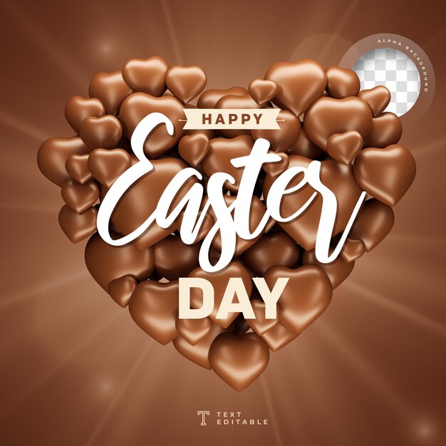 Feliz dia de Páscoa em forma de coração com renderização 3D realista de chocolate