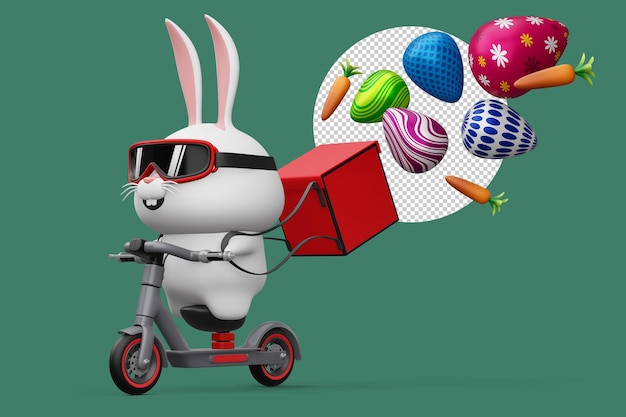 PSD feliz dia de páscoa entrega de coelho coelhinho fofo com renderização em 3d de ovo colorido