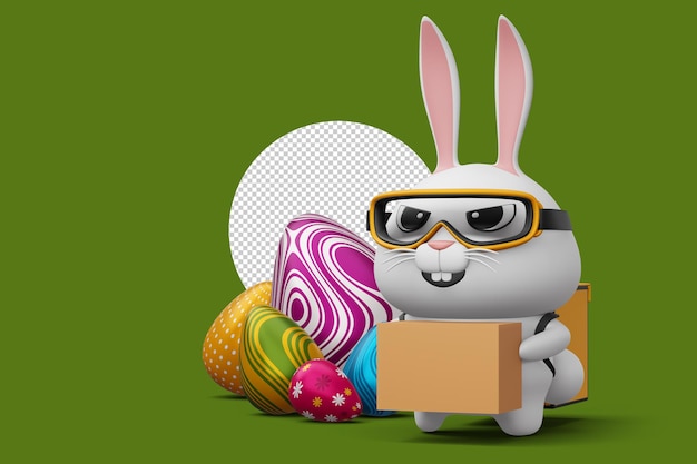 PSD feliz dia de páscoa entrega de coelho coelhinho fofo com renderização em 3d de ovo colorido