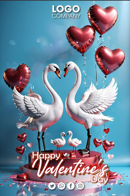 PSD feliz dia de são valentim poster dois cisnes fazendo um coração