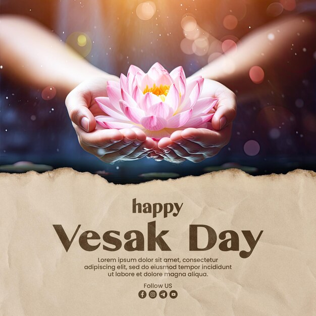 PSD feliz dia de vesak modelo de postagem de mídia social com lotus ou lírio de água na mão