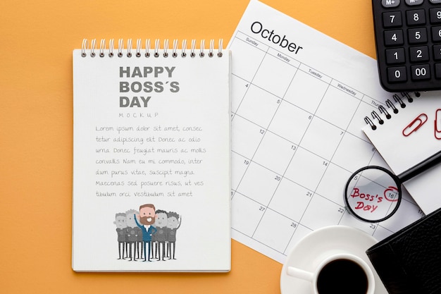 Feliz dia do chefe com notebook e calendário