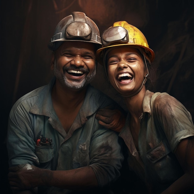 Feliz dia do trabalho sorrindo trabalhadores em mina de carvão