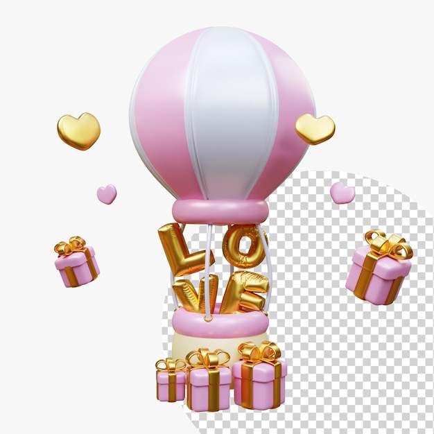 Feliz dia dos namorados balão de ar voando com caixas de presente em forma de coração e carta de amor elemento