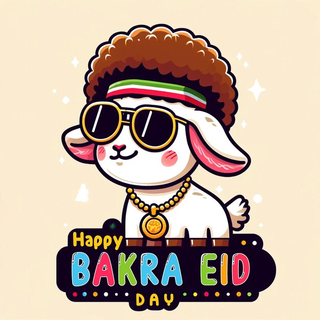 PSD feliz día de eid bakra cute y funky cordero con afro y gafas de sol