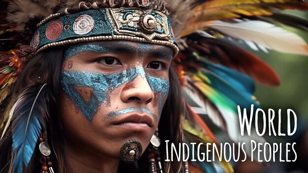 PSD feliz dia indígena editável em psd com índios usando gorro de pele