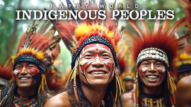 Feliz dia indígena editável em psd com índios usando gorro de pele