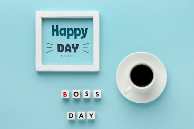 PSD feliz día del jefe con marco y café