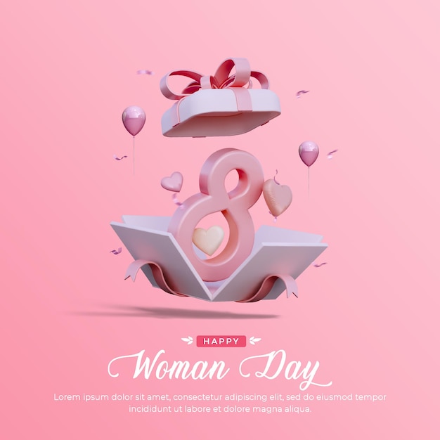 PSD feliz día de la mujer con plantilla de publicación de redes sociales de banner de caja de regalo 3d