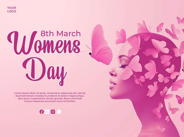 Feliz día de la mujer en rosa con mariposas día de la mujer post design psd