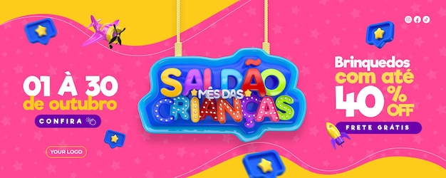 Feliz día del niño ofrece plantilla de banner en portugués para campaña de marketing