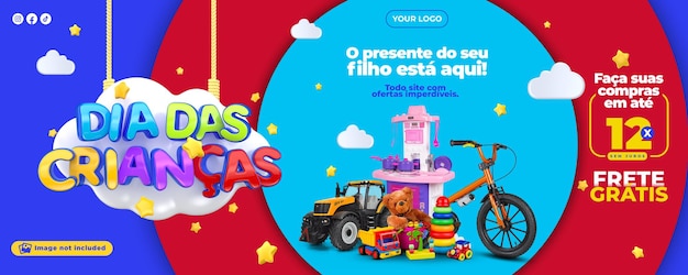 PSD feliz día del niño ofrece plantilla de banner en portugués para campaña de marketing