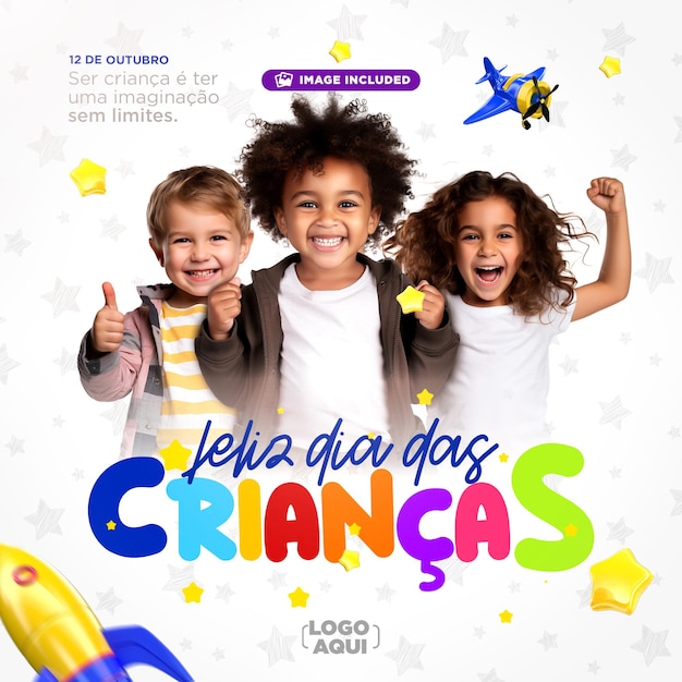 Feliz día del niño, publicación en redes sociales en representación 3D para campaña de marketing en Brasil en portugués.