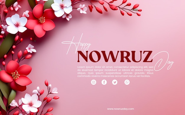 Feliz día de Nowruz con un fondo floral rosado.