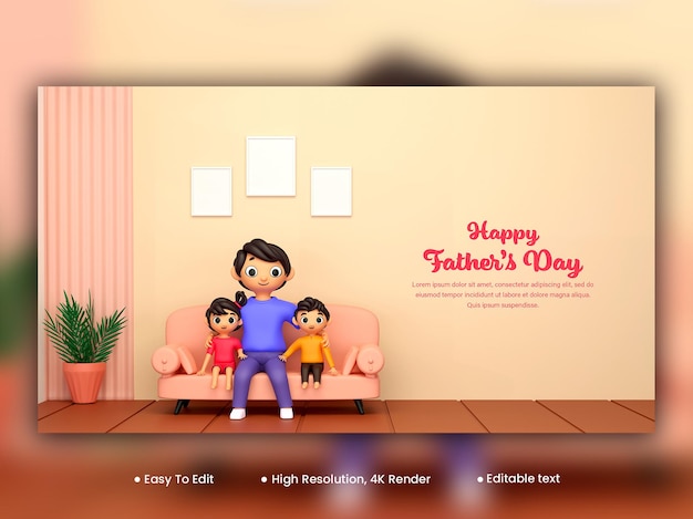 Feliz Día del Padre Social Media Banner Design 3D Joven sentado en el sofá con su hijo y su hija en vista interior