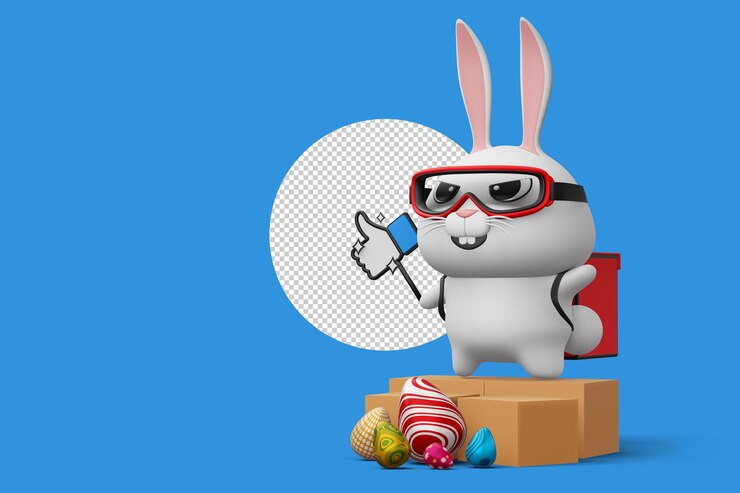 PSD feliz día de pascua entrega de conejo lindo conejito con huevo colorido renderizado 3d