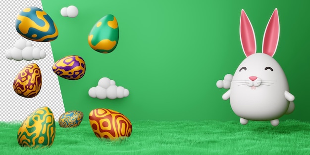 PSD feliz día de pascua lindo conejito con huevo colorido render 3d