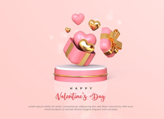 Feliz día de San Valentín con caja de regalo abierta 3d, corazón y decoraciones románticas de San Valentín