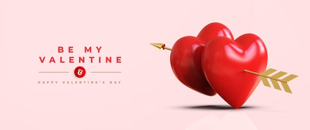 PSD feliz día de san valentín con corazones rojos 3d con una flecha de cupido