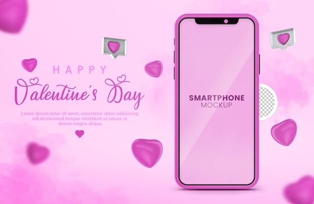 Feliz día de san valentín con diseño de maqueta de teléfono y corazón de renderizado 3d