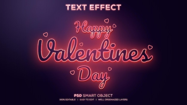 Feliz día de san valentín neón psd efecto de texto
