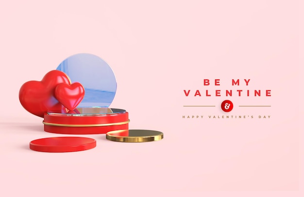 Feliz día de san valentín con podio para presentación de producto y composición 3d