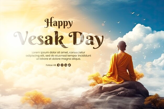 PSD feliz día de vesak estandarte de estandarte con el buda meditó en el día el cielo