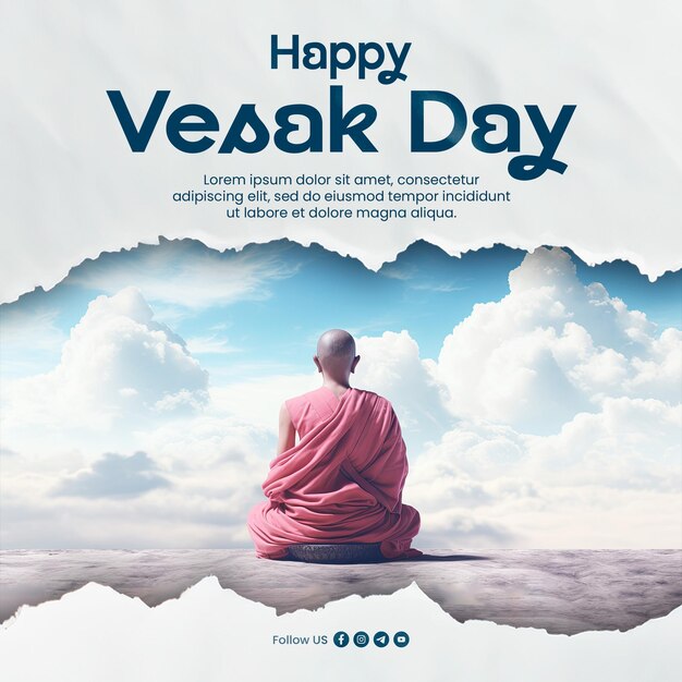 PSD feliz día de vesak plantilla de publicación de redes sociales con el buda meditó en el día el cielo