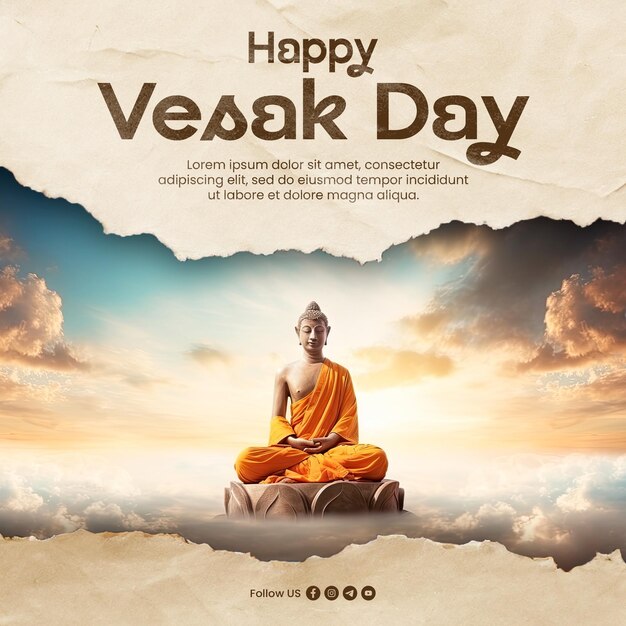 PSD feliz día de vesak plantilla de publicación de redes sociales con el buda meditó en el día el cielo