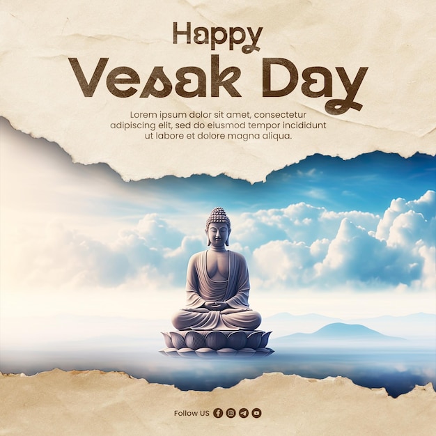 PSD feliz día de vesak plantilla de publicación de redes sociales con el buda meditó en el día el cielo