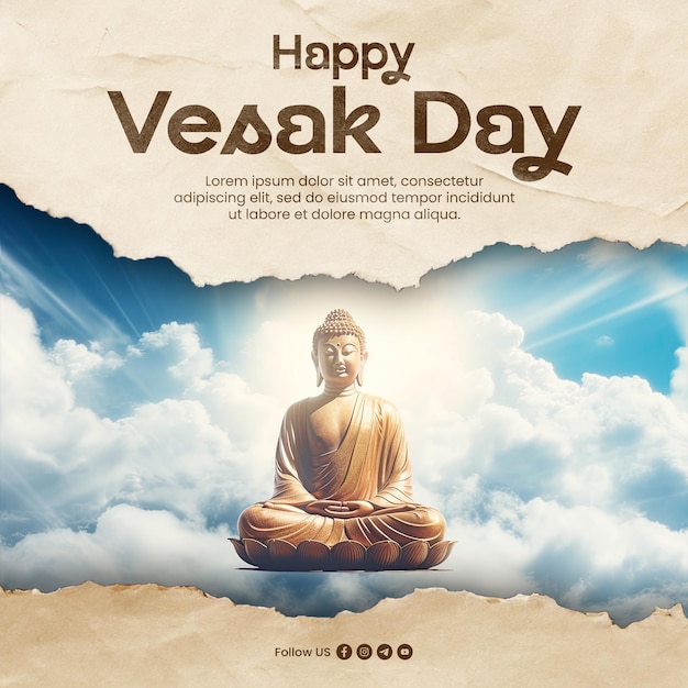 Feliz día de vesak plantilla de publicación de redes sociales con el buda meditó en el día el cielo