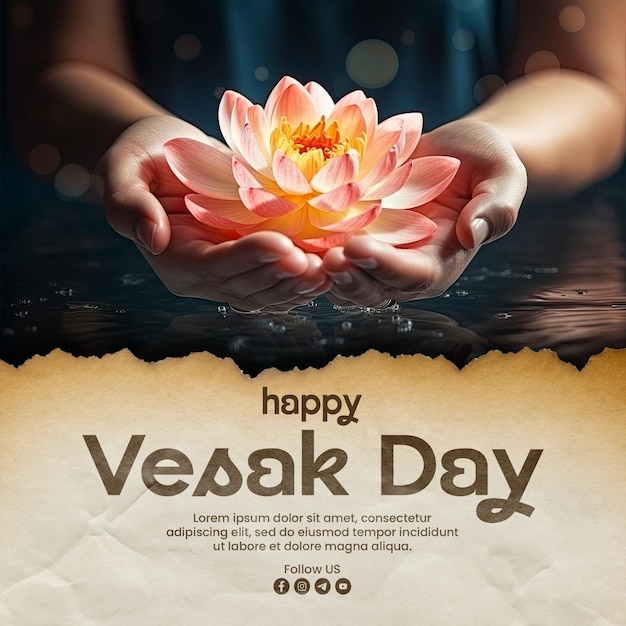 PSD feliz día de vesak plantilla de publicación en las redes sociales con lotos o lirio de agua en la mano
