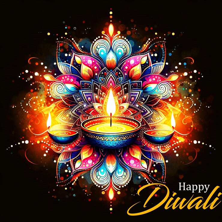 PSD feliz diwali en el fondo con la decoración de diya