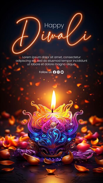 PSD feliz diwali en el fondo con el festival de las luces colorido diseño de plantilla de banner decorativo lámpara diya