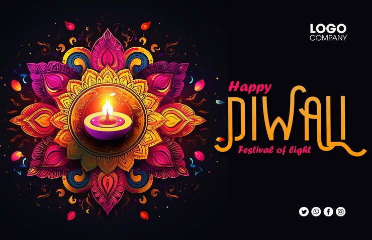PSD feliz diwali fondo verde claro con elementos florales de diwali y mandala