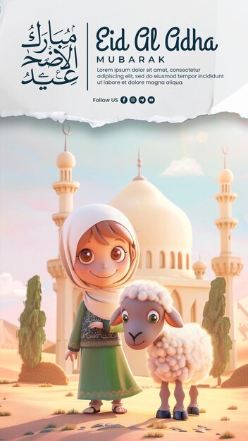 Feliz eid al adha mídia social post com com menino muçulmano e ovelhas desenho animado renderização 3d