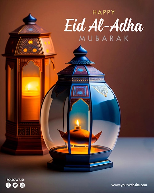 Feliz eid al adha poster com um fundo de lanternas lua e nuvens