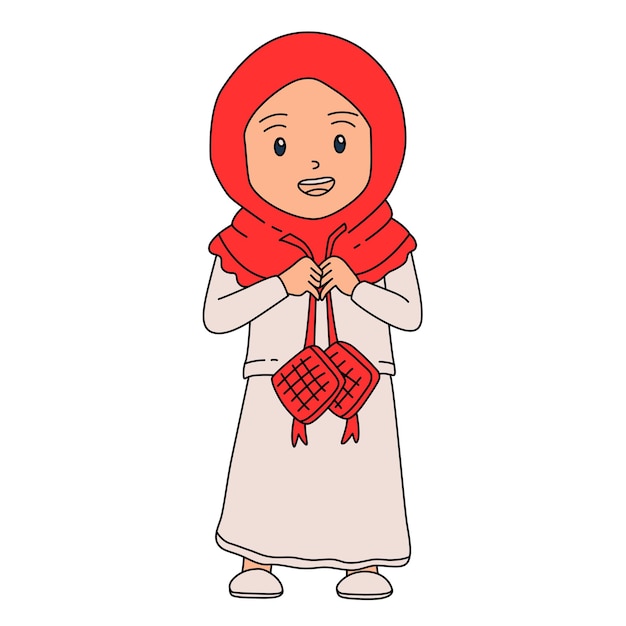 Feliz Eid menina muçulmana em roupas coloridas segurando um ketupat