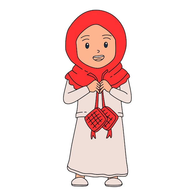 PSD feliz eid menina muçulmana em roupas coloridas segurando um ketupat