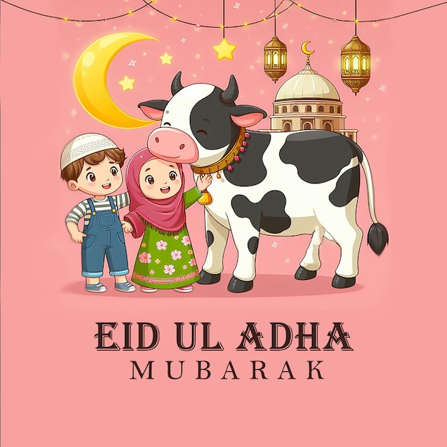 PSD feliz eid ul adha niños con su vaca