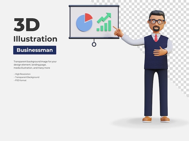 Feliz empresário apresentando ilustração de personagem 3d analítica de relatório de negócios