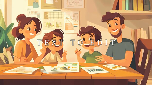 Una feliz familia de cuatro personas ocupadas en un proyecto creativo en casa trabajando juntos en papeles y dibujos en una mesa de madera