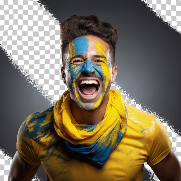 PSD feliz fanático de fútbol en amarillo y azul animando a su equipo aislado en negro