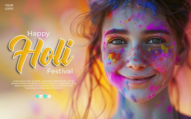 Feliz festa de holi saudação social medi post design template celebração alegre e colorida